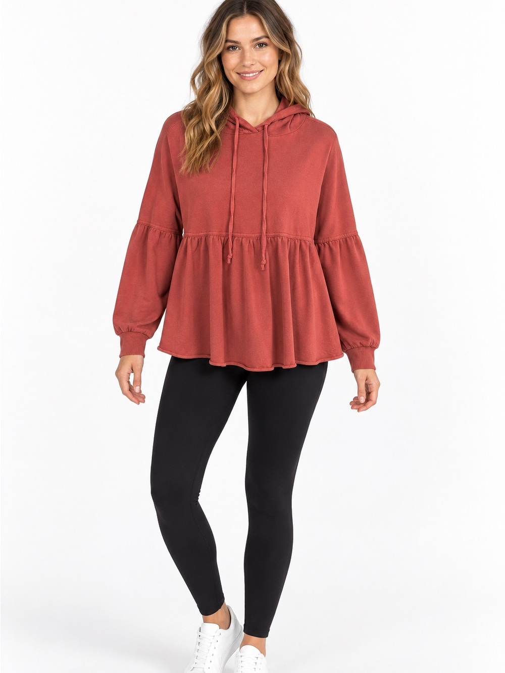 Aerie Rust Red Babydoll Peplum Hoodie Pullover Sweatshirt Size Small Boho
